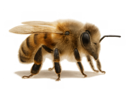 Honeybee standing, capturing intricate details of insect biology, a symbol of pollination and environmental balance with transparent background