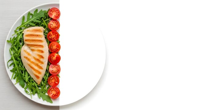 Half plate with chicken, arugula, tomatoes; symbolizes portion control for weight management.