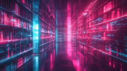 Futuristic Neon Lit Architectural Hallway with Glowing Geometric Patterns