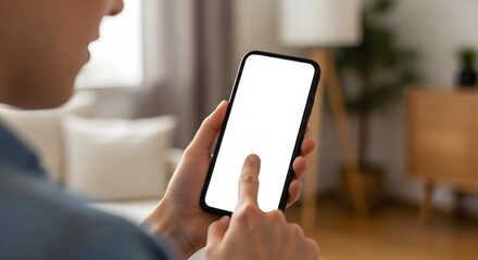 Person using smartphone with blank screen in modern home setting for app design or mockup