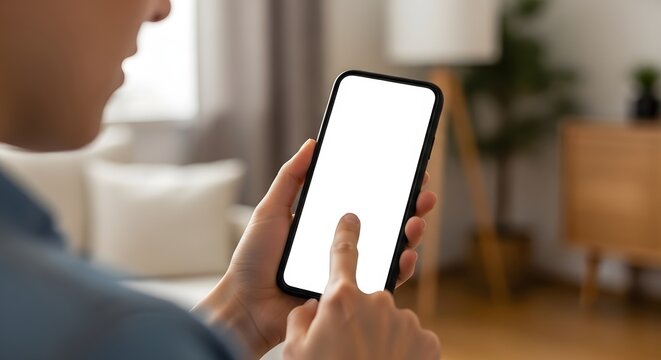 Person using smartphone with blank screen in modern home setting for app design or mockup