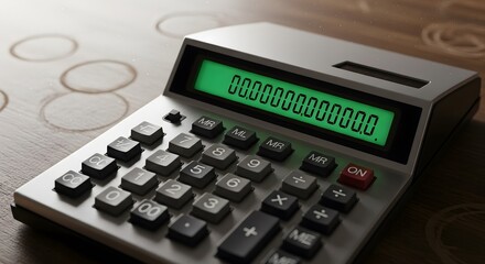 Calculator displaying numbers on wooden background