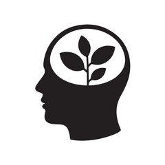 Silhouette of a human head with a growing plant inside, symbolizing growth, ideas, and mental development