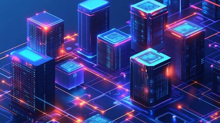 Futuristic Cityscape with Luminous Architectural Structures and Glowing Digital Grid