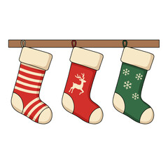 Christmas stockings with festive patterns hang on a wooden mantelpiece.