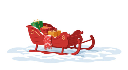 A red sleigh in a snowy field filled with colorful gifts