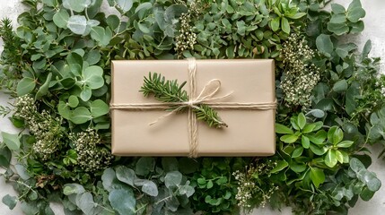 Eco Friendly Gift Box Wrapped in Natural Greenery and Foliage for Festive Holiday