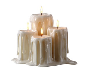 Four melting candles, drizzled with wax, illuminated flames