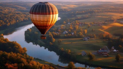 A hot air balloon soars over a scenic autumn landscape with a tranquil lake
