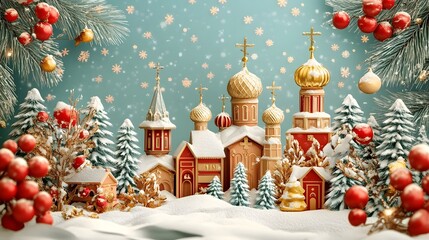 Snowy Christmas Scene with Russian Orthodox Church and Onion Domes