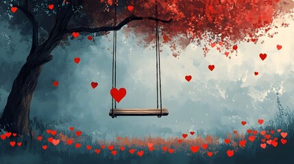 Romantic Autumn Swing Under Crimson Tree with Heart in Dreamy Landscape