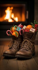 Festive st. nicholas day boots filled with gifts and candy by firelight