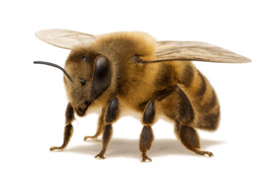 Honey bee standing, a pollinating insect creature with a furry body and delicate wings. Transparent background
