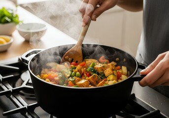 Hands stirring vibrant vegetables and tofu with wooden spoon on stove top, concept for healthy eating, vegetarian meals and food blogging