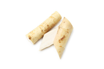 Fresh raw horseradish roots isolated on white, top view