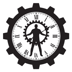 Silhouette of a man standing inside a clock face with roman numerals and gear teeth