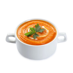 Tasty pumpkin cream soup with parsley in bowl isolated white