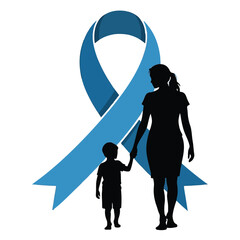 Silhouette of mother and child holding hands in front of a blue awareness ribbon