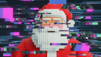 Voxel Santa Glitch – Digital Christmas Error Background – Abstract 3D Render of Pixelated Father Frost in Data Corruption Effect – Futuristic Winter Holiday Technology – Distorted Magenta Cyan Screen