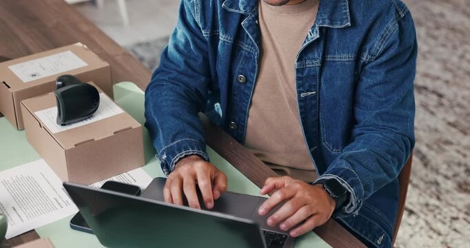 Supply chain, scanner and hands of man on laptop for online orders, distribution and label info. Small business, above and person typing on computer for logistics, shipping and inventory barcode