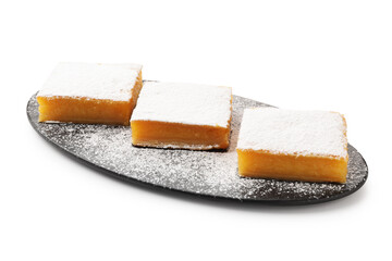 Tasty lemon bars with powdered sugar isolated on white