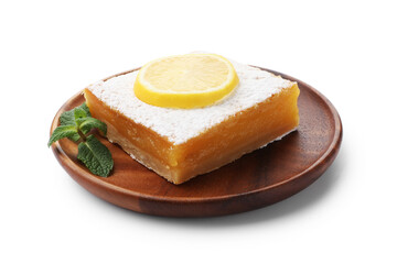 Tasty lemon bar with powdered sugar and mint isolated on white