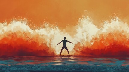 Solitary figure standing amidst dramatic ocean waves at sunset