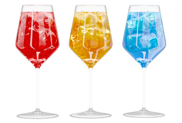 Set of wine glasses with colorful drinks and ice cubes. 3d illustration isolated on white