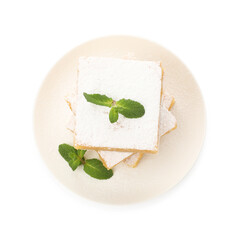 Tasty lemon bars with powdered sugar and mint isolated on white, top view