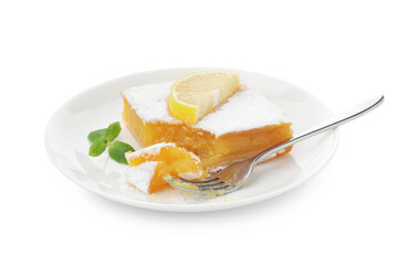 Tasty lemon bar with powdered sugar and mint isolated on white