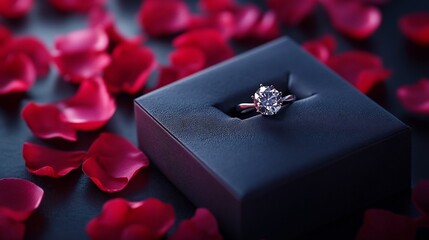 Stunning Diamond Engagement Ring in Black Gift Box with Rose Petals