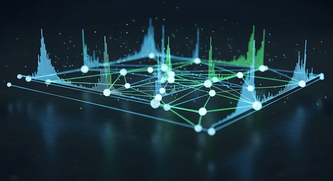 Abstract data visualization of a 3D network with graph nodes