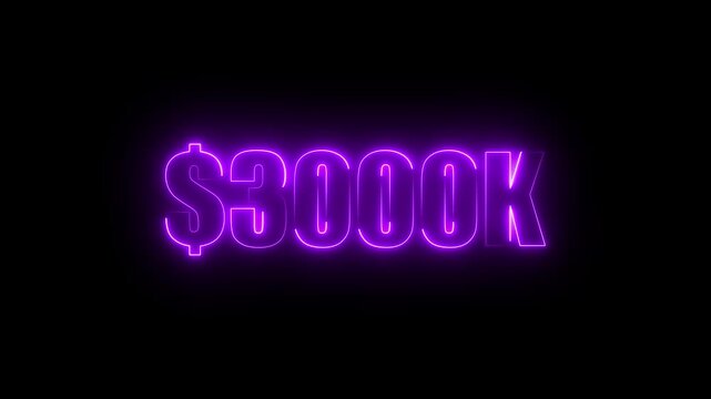 Purple neon $3000K number for finance and success themed animated.Perfect for financial video animation on backgrounds, digital currency, or futuristic money themes.