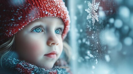 Mesmerized Young Girl Admiring Delicate Snowflake in Snowy Outdoor Scene