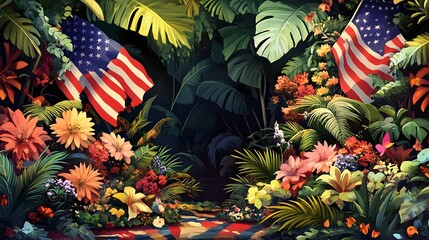 Patriotic American Flags in Lush Tropical Jungle Foliage on Independence Day