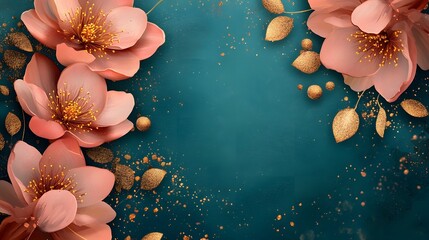 Elegant Pink Floral Blooms with Golden Sparkles on Teal Textured Backdrop