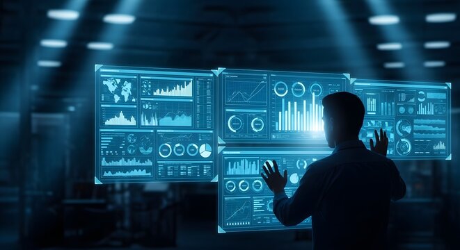 Man using modern digital interface for data analysis