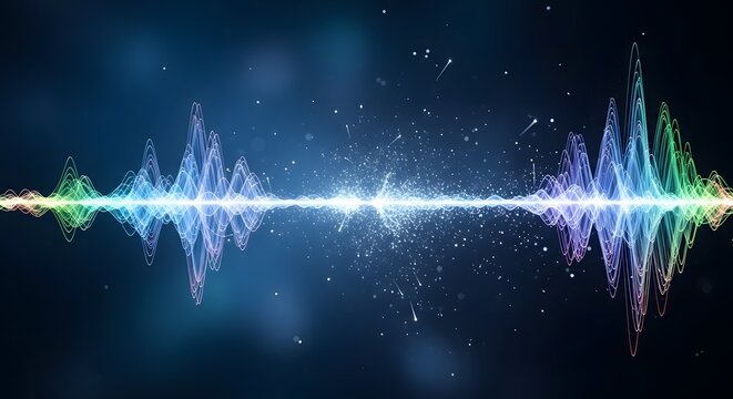 Abstract colorful audio waveform on a dark background - Powered by Adobe