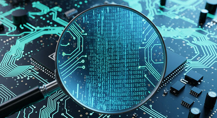 Magnifying glass over electronic circuit board with numeric code display. Conceptual of technology, cybersecurity, and data analysis, with focused detail