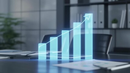Holographic bar chart showing business growth and data analysis in a modern office setting. - Powered by Adobe