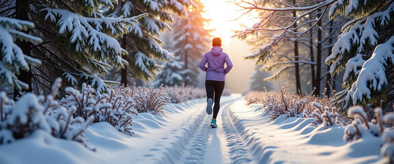 Woman running on snowy path in winter forest at sunrise  