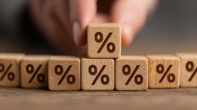 Hand arranging wooden blocks with arrows and percentage sign studio photography creative workspace close-up business concept