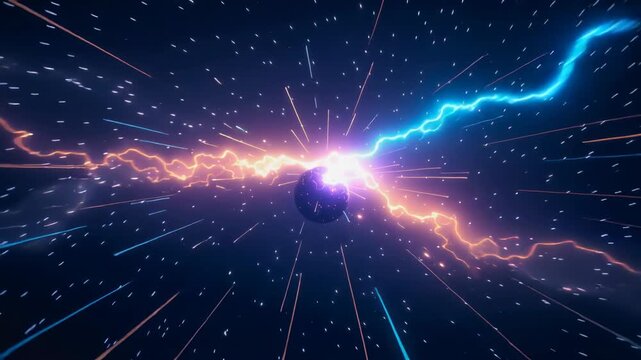 Powerful laser beam strikes futuristic abstract core, igniting cosmic energy fusion and vibrant nebula collision from explosion