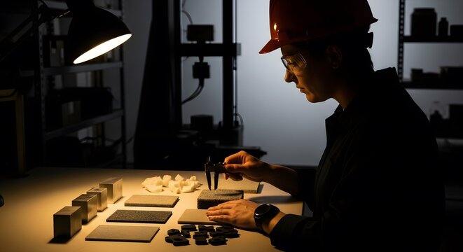 Engineer measuring components in manufacturing factory