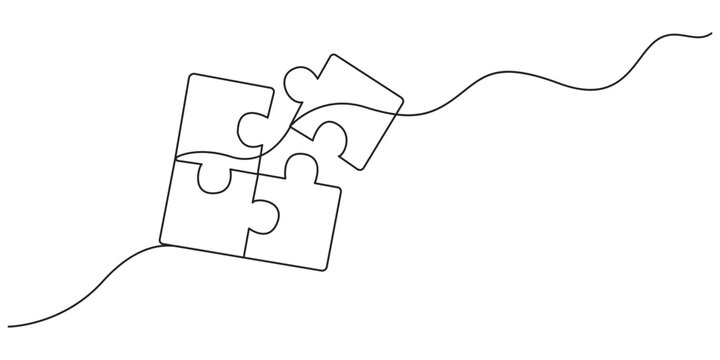 Continuous one line drawing of two businessmen puzzle jigsaw, successful business communication, compatibility of ideas in work concept, single line art. Editable strokeContinuous one line drawing of 