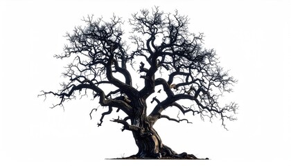 Solitary, gnarled tree with bare branches on white