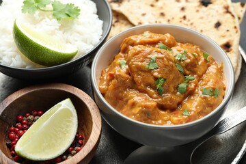 Delicious chicken tikka masala, cilantro, rice, lime and peppercorns on plate, closeup
