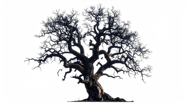 Solitary, gnarled tree with bare branches on white