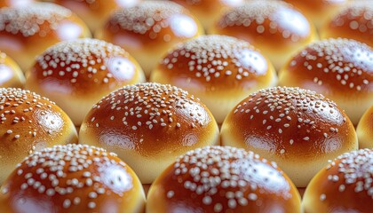 Rows of freshly baked golden brown brioche buns with white sesame seeds sprinkled on top arranged in a baking tray in warm natural light
