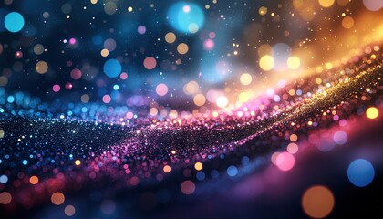 Abstract Glittering Wave Of Lights With Bokeh Effect In Deep Blue And Orange Tones Illuminated By Soft Glow